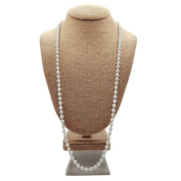Mid Century Milk Glass Faceted Bead Necklace 31" Wear Long or Doubled as Choker - Picture 2 of 6